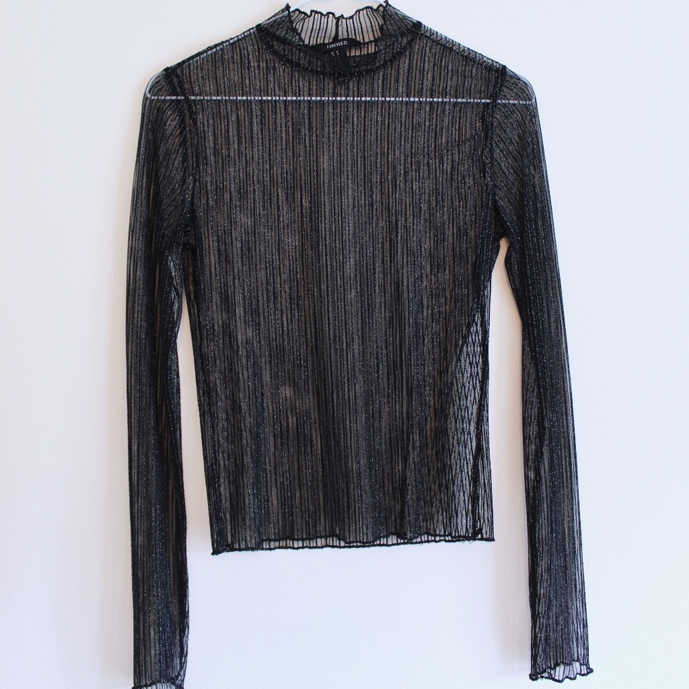 Forever 21 Sparkly Black Mock Neck Mesh Top